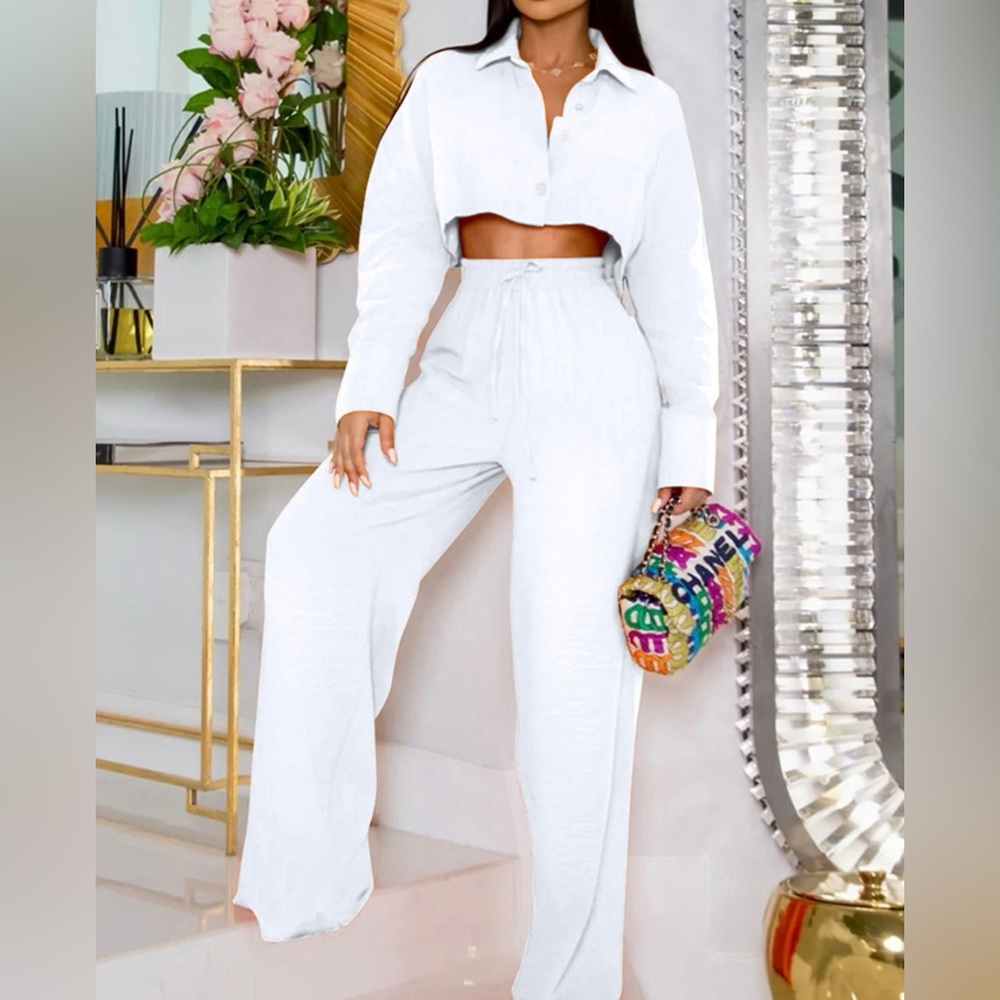 Women Fall Solid Shirt and Wide Pants Two-Piece Set